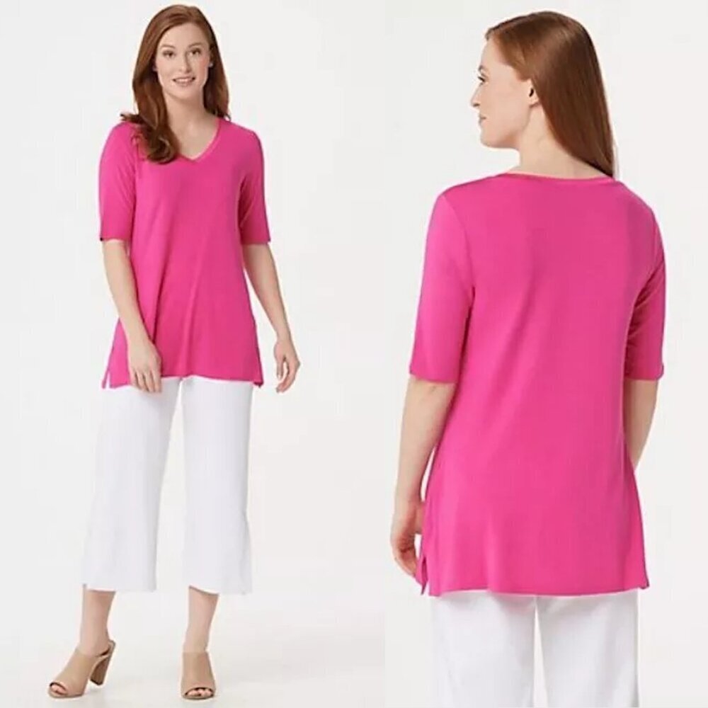New H by Halston Essentials Pink V-Neck Tunic Top A353391 Size L